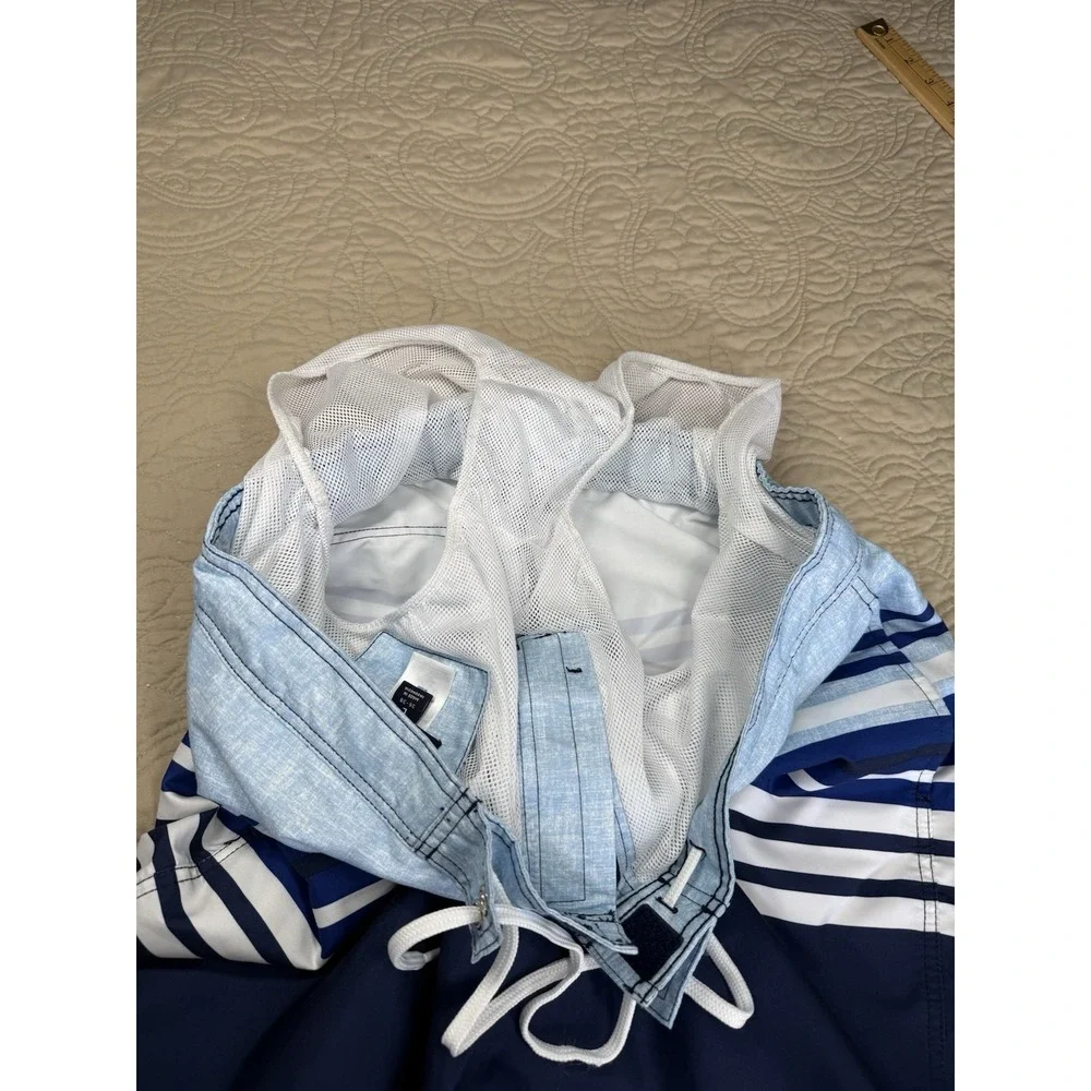 Lands'‎ End Men's Swim Trunks L (36-38) Navy Blue White Striped pockets Lined